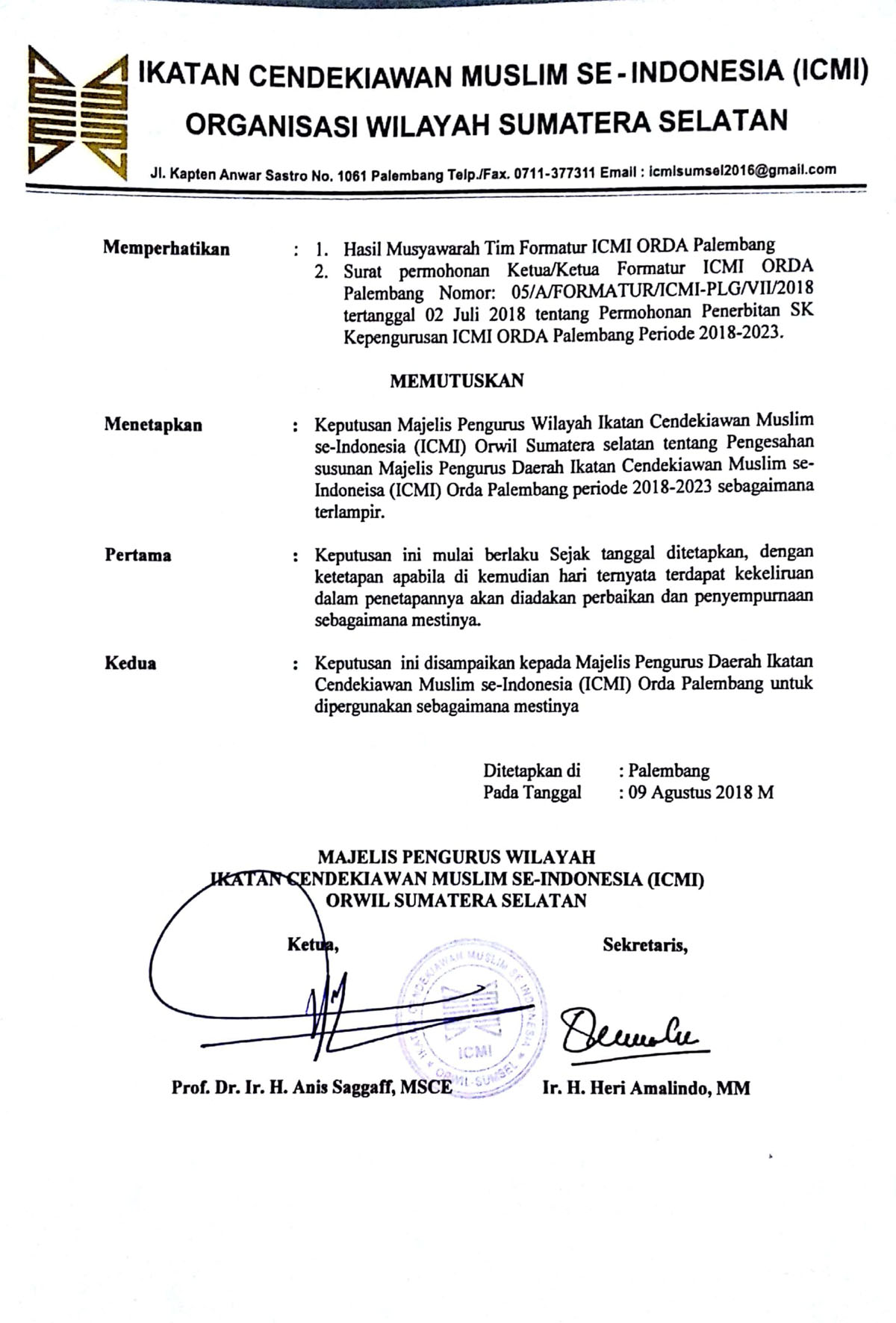 A2 HM. Alfajri Zabidi S.Pd, MM, M.Pd.I  Resmi Nakhodai ICMI Orda Palembang