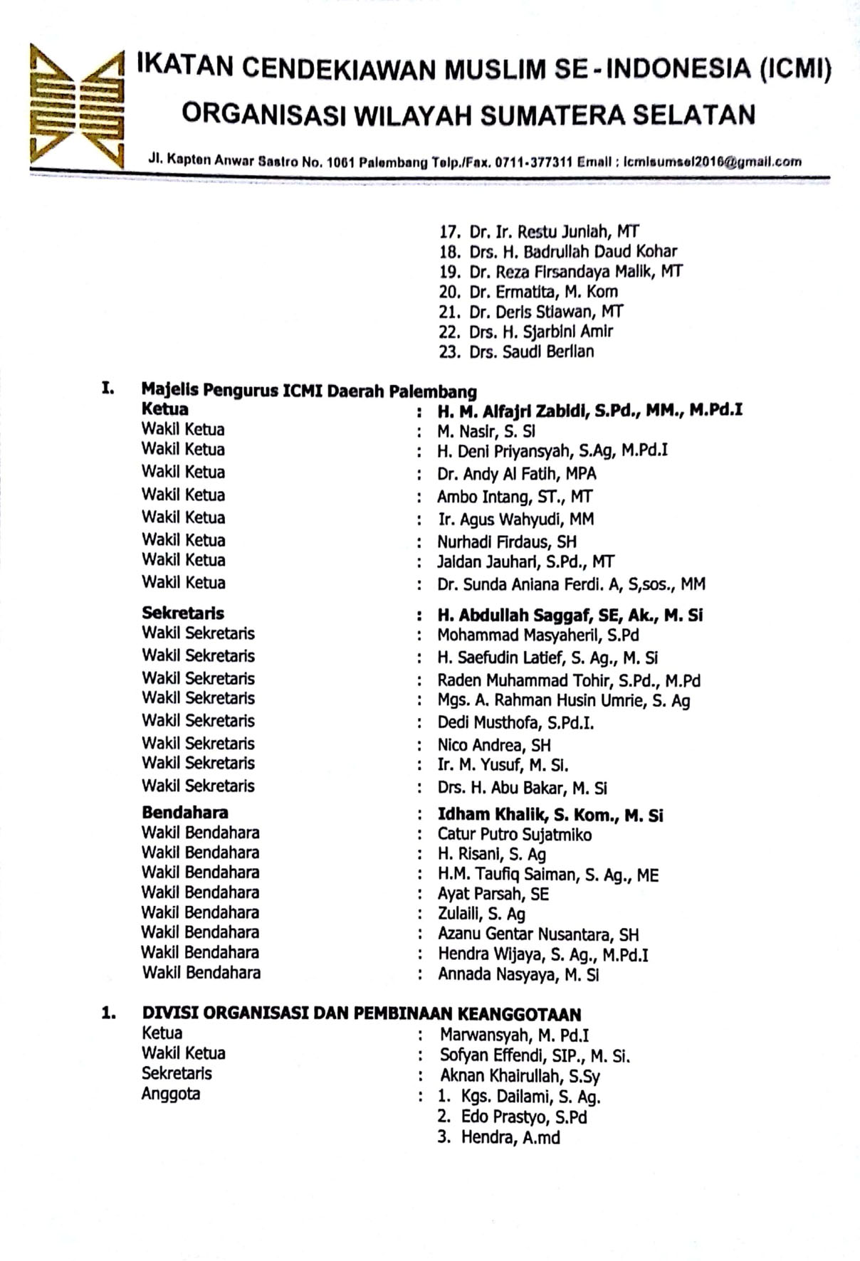 A4 HM. Alfajri Zabidi S.Pd, MM, M.Pd.I  Resmi Nakhodai ICMI Orda Palembang