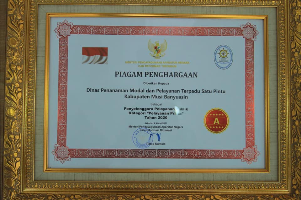 F1 Naik Level, Kemenpan RB Beri Award Pelayanan Prima ke DPMPTSP Muba