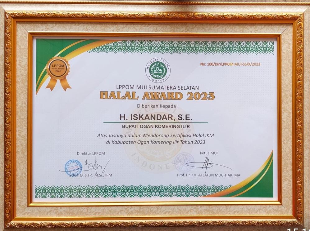 IMG-20231008-WA0053 Bupati OKI, H. Iskandar, SE Terima Halal Award